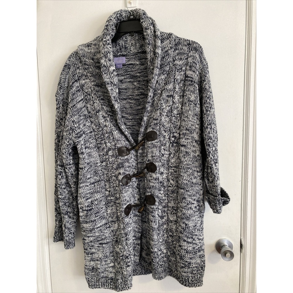Laura Scott Women's Sweater 1X Toggle Button Black And White Knitted #745